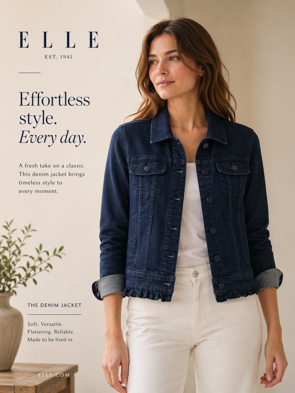 ELLE‎ Navy Blue Denim Jacket with Ruffle Hem